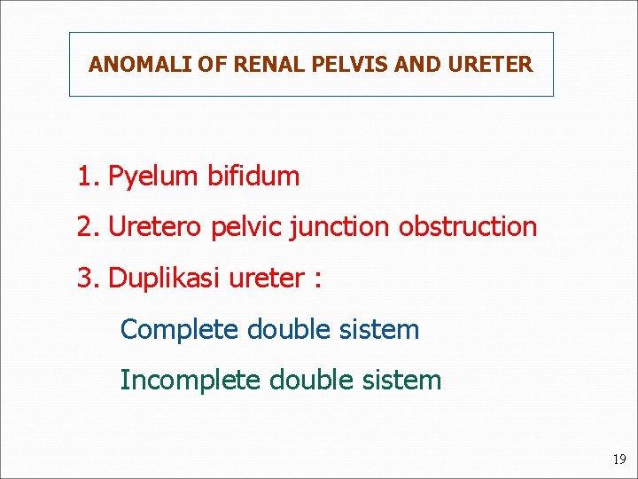 ANOMALI OF RENAL PELVIS AND URETER 1. Pyelum bifidum 2. Uretero pelvic junction obstruction