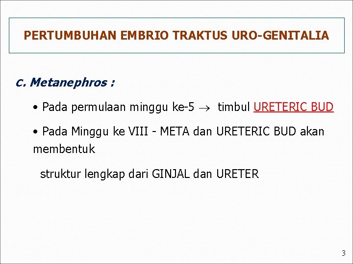 PERTUMBUHAN EMBRIO TRAKTUS URO-GENITALIA C. Metanephros : • Pada permulaan minggu ke-5 timbul URETERIC