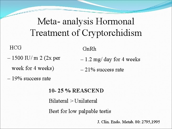 Meta- analysis Hormonal Treatment of Cryptorchidism • HCG • Gn. Rh – 1500 IU/