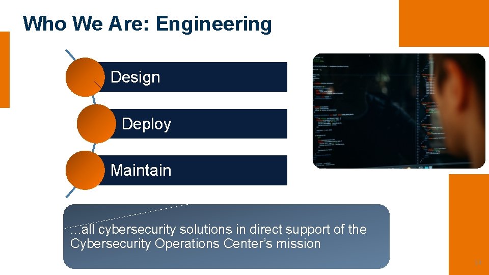 Who We Are: Engineering Design Deploy Maintain . . . all cybersecurity solutions in Who We Are: Engineering Design Deploy Maintain . . . all cybersecurity solutions in