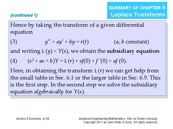 SUMMARY OF CHAPTER Laplace Transforms (continued 1) Hence by taking the transform of a