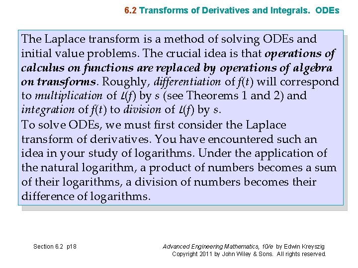 6. 2 Transforms of Derivatives and Integrals. ODEs The Laplace transform is a method