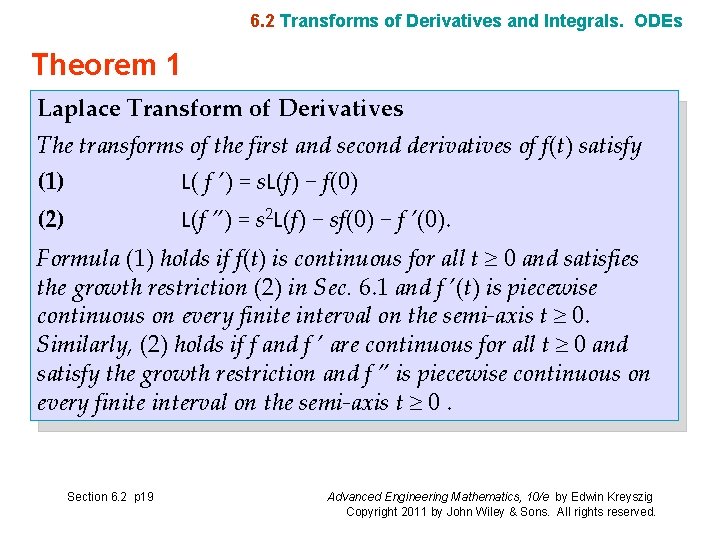 6. 2 Transforms of Derivatives and Integrals. ODEs Theorem 1 Laplace Transform of Derivatives