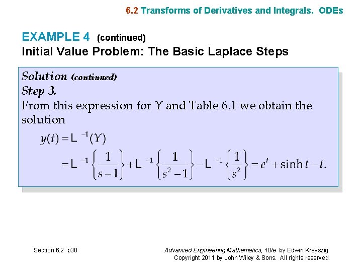 6. 2 Transforms of Derivatives and Integrals. ODEs EXAMPLE 4 (continued) Initial Value Problem: