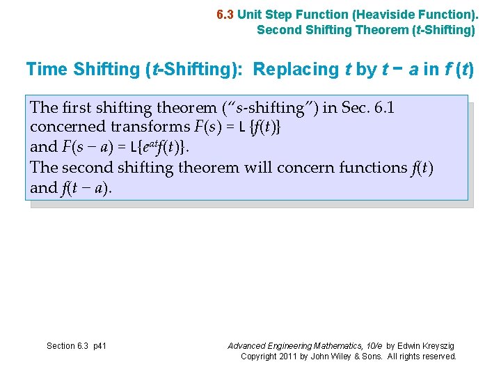 6. 3 Unit Step Function (Heaviside Function). Second Shifting Theorem (t-Shifting) Time Shifting (t-Shifting):