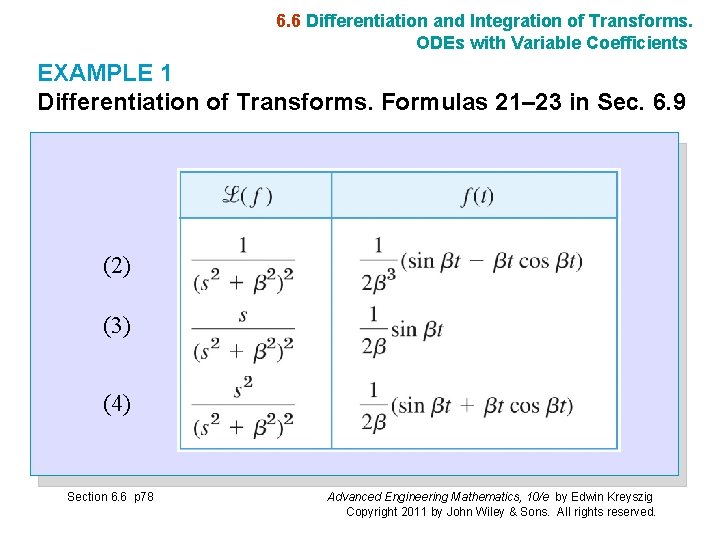 6. 6 Differentiation and Integration of Transforms. ODEs with Variable Coefficients EXAMPLE 1 Differentiation