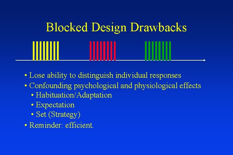 Blocked Design Drawbacks • Lose ability to distinguish individual responses • Confounding psychological and