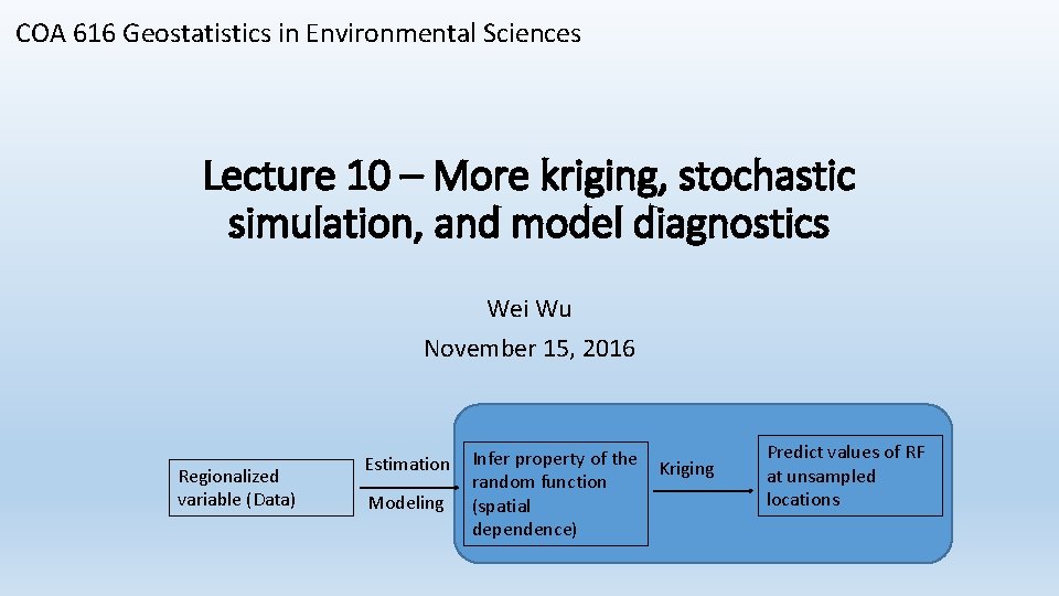 COA 616 Geostatistics in Environmental Sciences Lecture 10 – More kriging, stochastic simulation, and