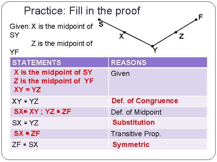 Practice: Fill in the proof Given: X is the midpoint of S SY Z