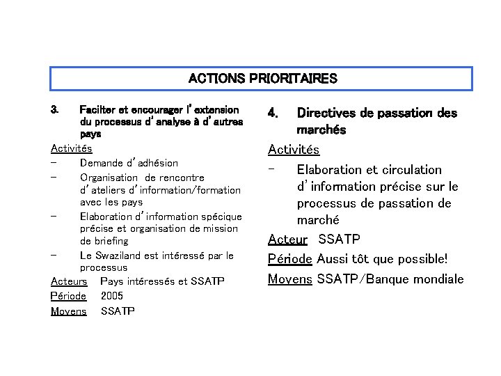 ACTIONS PRIORITAIRES 3. Facilter et encourager l’extension du processus d’analyse à d’autres pays Activités