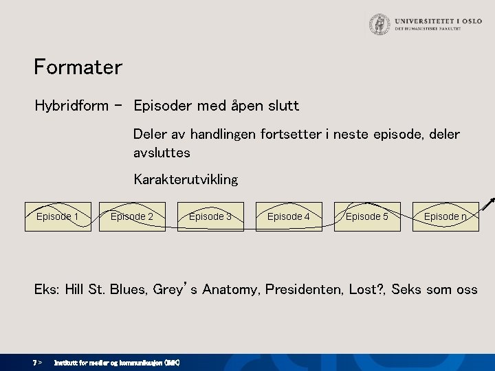 Formater Hybridform - Episoder med åpen slutt Deler av handlingen fortsetter i neste episode,