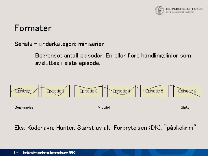 Formater Serials - underkategori: miniserier Begrenset antall episoder. En eller flere handlingslinjer som avsluttes
