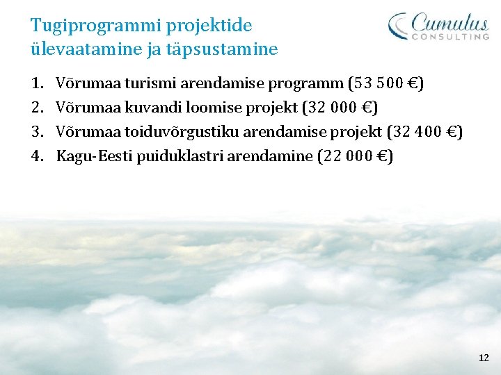 Tugiprogrammi projektide ülevaatamine ja täpsustamine 1. 2. 3. 4. Võrumaa turismi arendamise programm (53