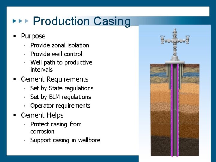 Production Casing § Purpose • Provide zonal isolation • Provide well control • Well Production Casing § Purpose • Provide zonal isolation • Provide well control • Well