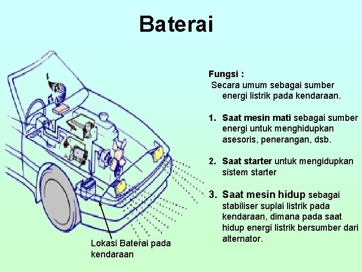 Baterai Fungsi : Secara umum sebagai sumber energi listrik pada kendaraan. 1. Saat mesin