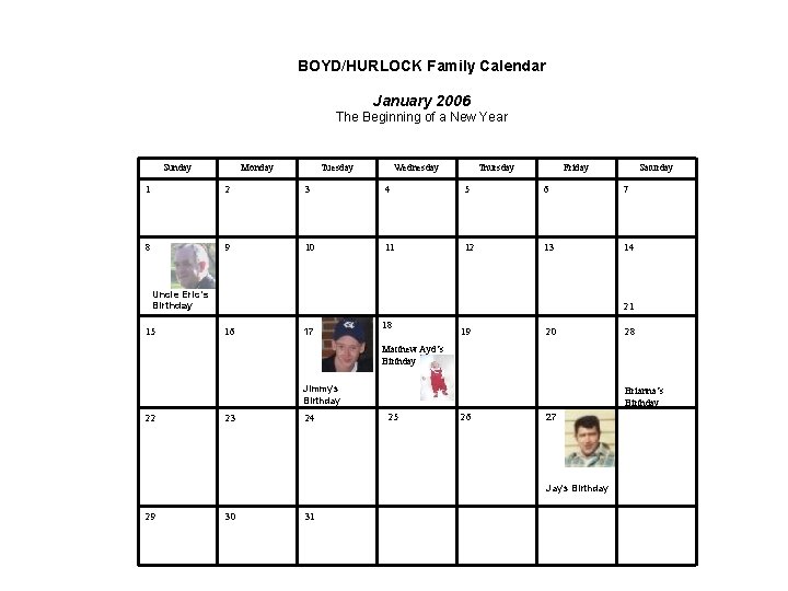 BOYD/HURLOCK Family Calendar January 2006 The Beginning of a New Year Sunday Monday Tuesday