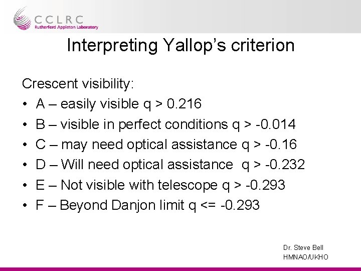 Interpreting Yallop’s criterion Crescent visibility: • A – easily visible q > 0. 216