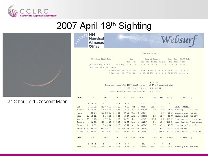2007 April 18 th Sighting 31. 8 hour-old Crescent Moon Dr. Steve Bell HMNAO/UKHO