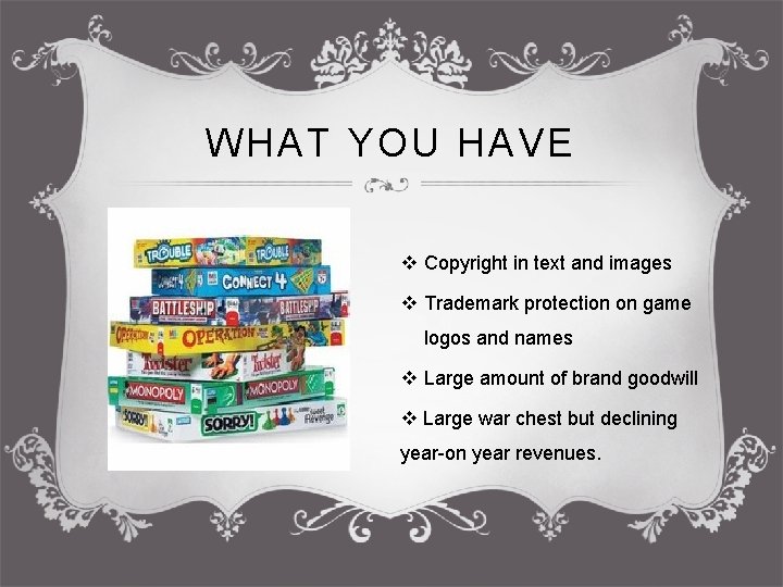 WHAT YOU HAVE v Copyright in text and images v Trademark protection on game