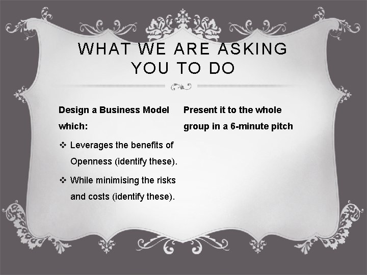 WHAT WE ARE ASKING YOU TO DO Design a Business Model Present it to