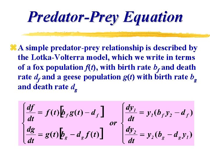 Predator-Prey Equation z A simple predator-prey relationship is described by the Lotka-Volterra model, which Predator-Prey Equation z A simple predator-prey relationship is described by the Lotka-Volterra model, which