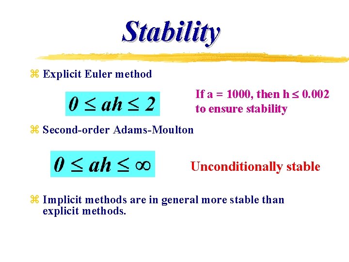 Stability z Explicit Euler method If a = 1000, then h 0. 002 to Stability z Explicit Euler method If a = 1000, then h 0. 002 to