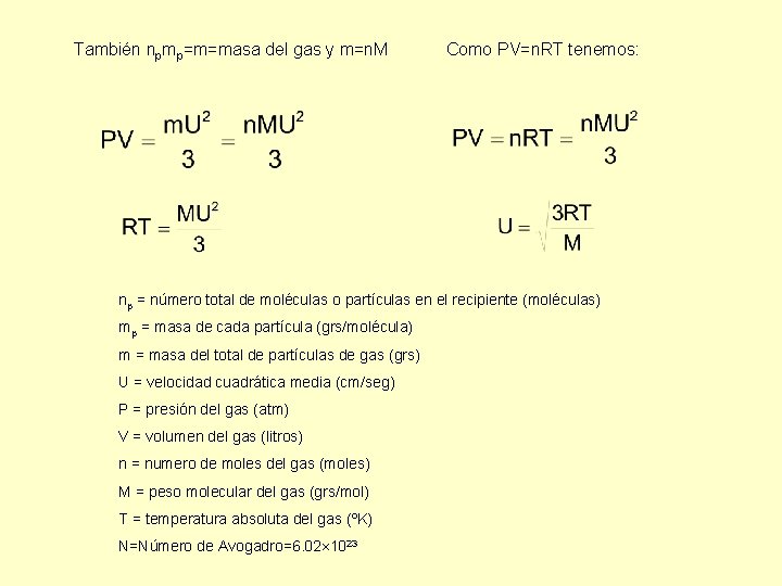 También npmp=m=masa del gas y m=n. M Como PV=n. RT tenemos: np = número También npmp=m=masa del gas y m=n. M Como PV=n. RT tenemos: np = número