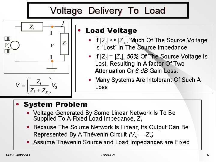 Voltage Delivery To Load • Load Voltage § If |Zl| << |Zs|, Much Of