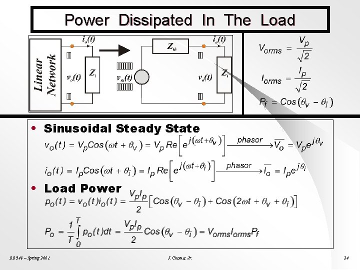 Power Dissipated In The Load • Sinusoidal Steady State • Load Power EE 348
