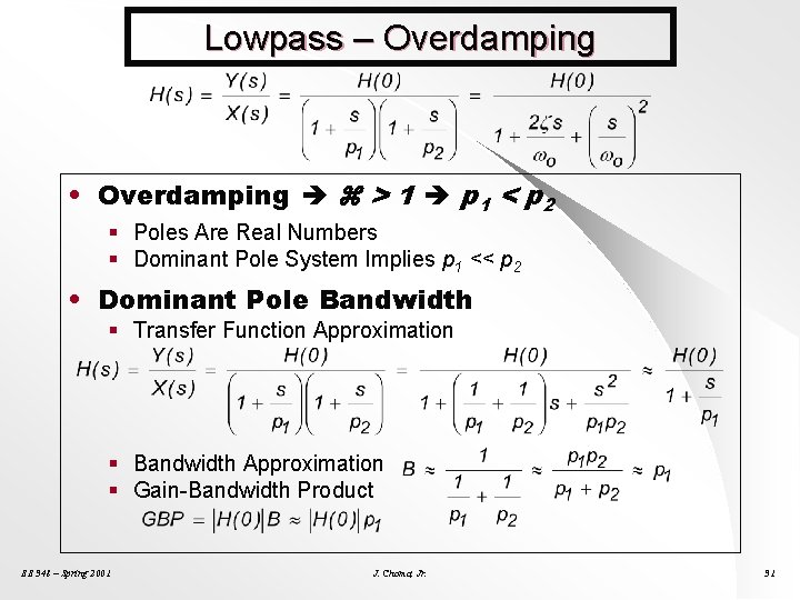 Lowpass – Overdamping • Overdamping > 1 p 1 < p 2 § Poles