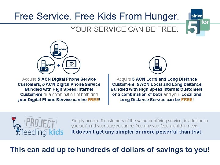 Free Service. Free Kids From Hunger. YOUR SERVICE CAN BE FREE. + Acquire 5