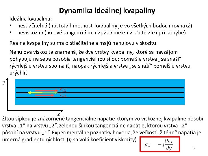 Dynamika ideálnej kvapaliny Ideálna kvapalina: • nestlačiteľná (hustota hmotnosti kvapaliny je vo všetkých bodoch