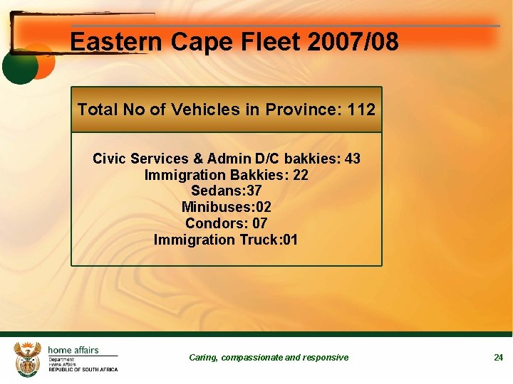 Eastern Cape Fleet 2007/08 Total No of Vehicles in Province: 112 Civic Services &