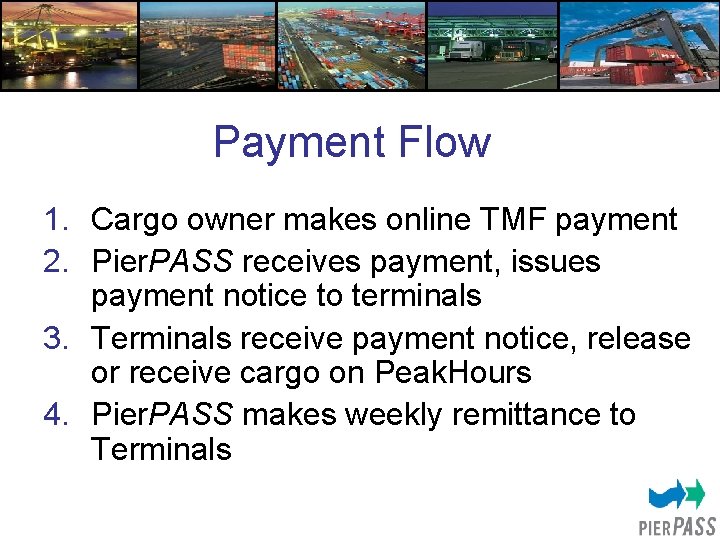 Payment Flow 1. Cargo owner makes online TMF payment 2. Pier. PASS receives payment,