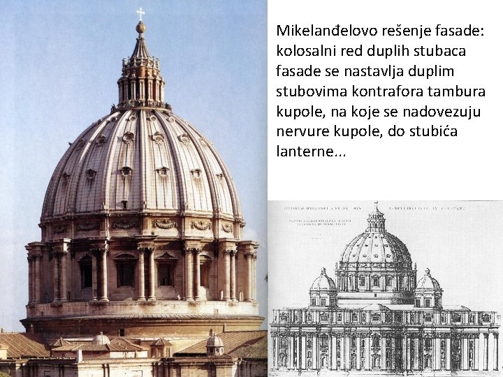Mikelanđelovo rešenje fasade: kolosalni red duplih stubaca fasade se nastavlja duplim stubovima kontrafora tambura