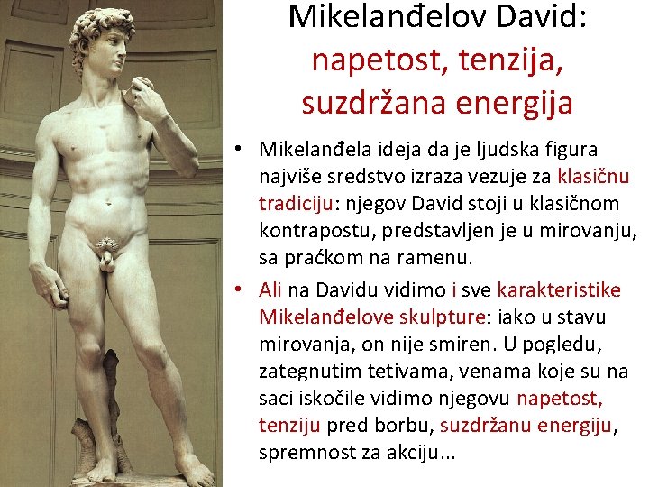 Mikelanđelov David: napetost, tenzija, suzdržana energija • Mikelanđela ideja da je ljudska figura najviše