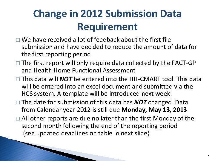 Change in 2012 Submission Data Requirement � We have received a lot of feedback