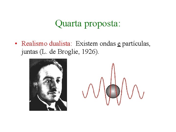 Quarta proposta: • Realismo dualista: Existem ondas e partículas, juntas (L. de Broglie, 1926).