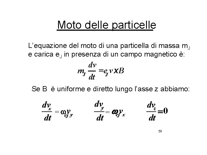 Moto delle particelle L’equazione del moto di una particella di massa m. J e