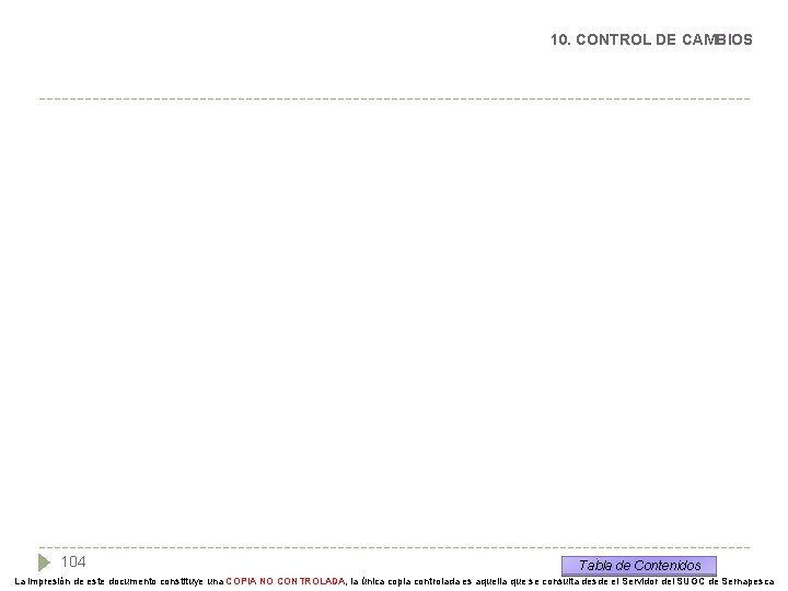 10. CONTROL DE CAMBIOS 104 Tabla de Contenidos La impresión de este documento constituye