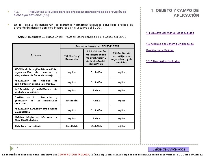  1. 2. 1 Requisitos Excluidos para los procesos operacionales de provisión de bienes