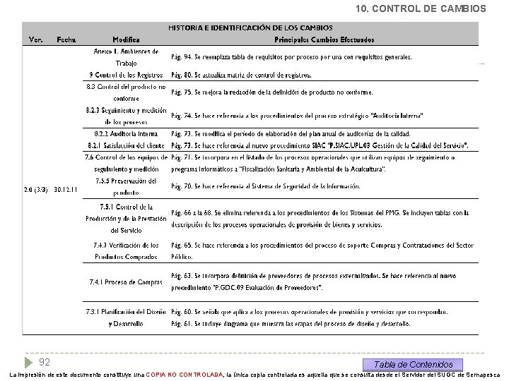 10. CONTROL DE CAMBIOS 92 Tabla de Contenidos La impresión de este documento constituye