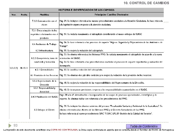 10. CONTROL DE CAMBIOS 93 Tabla de Contenidos La impresión de este documento constituye