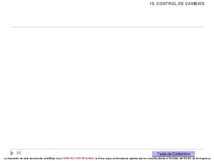 10. CONTROL DE CAMBIOS 98 Tabla de Contenidos La impresión de este documento constituye