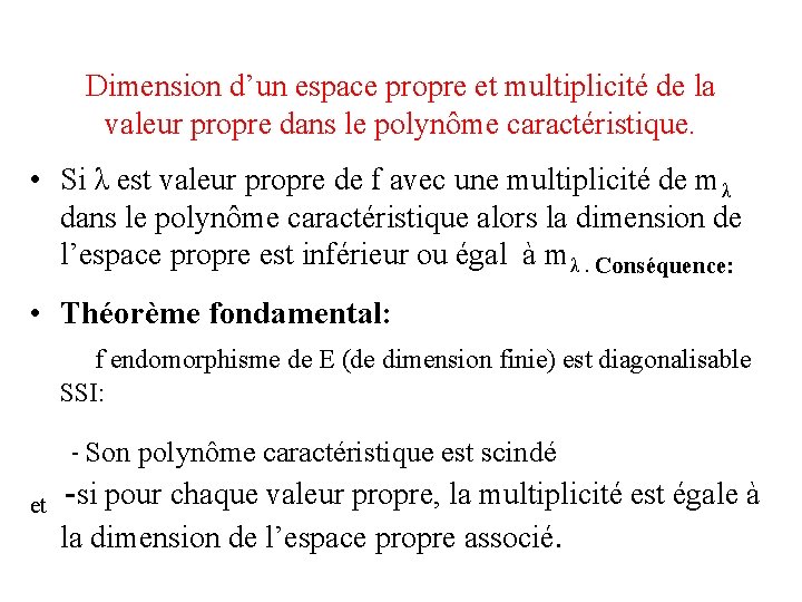 Dimension d’un espace propre et multiplicité de la valeur propre dans le polynôme caractéristique.