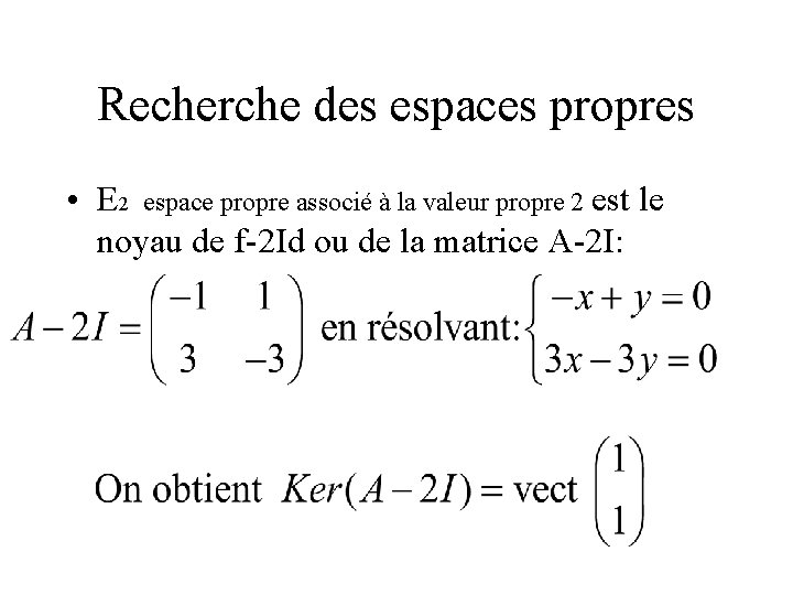 Recherche des espaces propres • E 2 espace propre associé à la valeur propre
