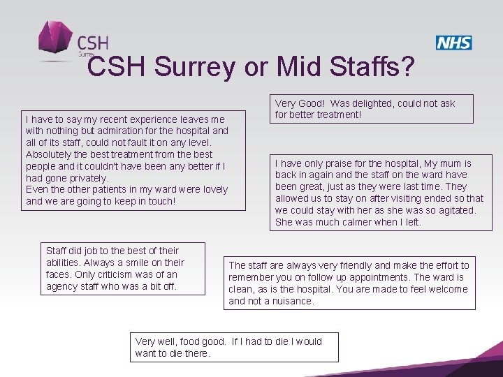 CSH Surrey or Mid Staffs? I have to say my recent experience leaves me