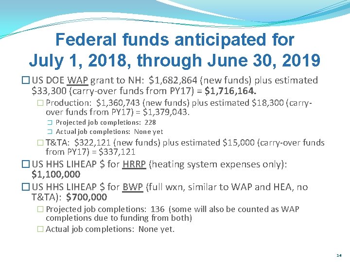 Federal funds anticipated for July 1, 2018, through June 30, 2019 �US DOE WAP