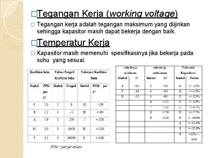 �Tegangan Kerja (working voltage) � Tegangan kerja adalah tegangan maksimum yang diijinkan sehingga kapasitor