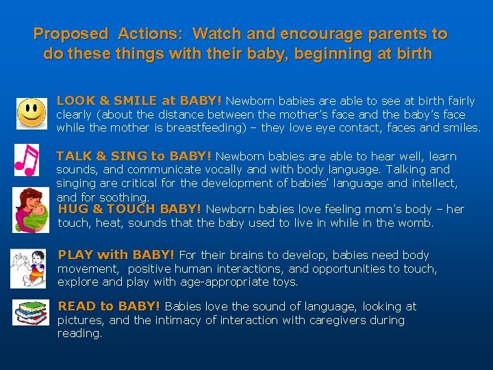 Proposed Actions: Watch and encourage parents to do these things with their baby, beginning
